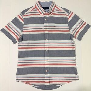 Tommy Hilfiger Men's Striped Button-Down Shirt - Gray, Red, and White